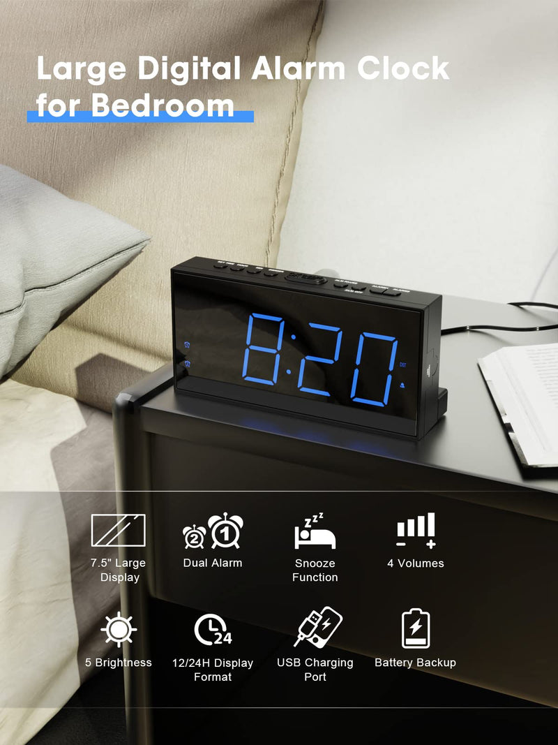 [Australia] - Digital Alarm Clocks for Bedrooms, Dual Alarm Clock with Battery Backup, USB Charger, Adjustable Dimmer & Volume, 12/24H & Snooze, Easy to Use, Simple Bedside Digital Clocks for Seniors, Teens, Kids Blue 