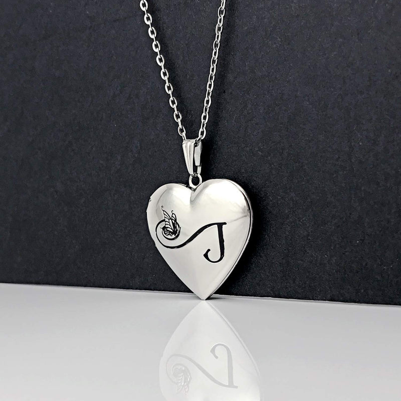 [Australia] - Butterfly Locket Necklace that Holds Pictures Initial Alphabet Letter Heart Shaped Photo Memory Locket Pendant Necklace J 