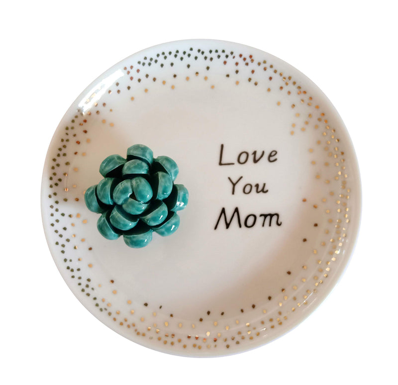 [Australia] - Jojuno Mom Gift Ring Holder Dish Ceramic Succulents Decorative Trinket Plate - 4.5 Inches Diameter Jewelry Dish Tray- Love You Mom Birthday Xmas Gift 