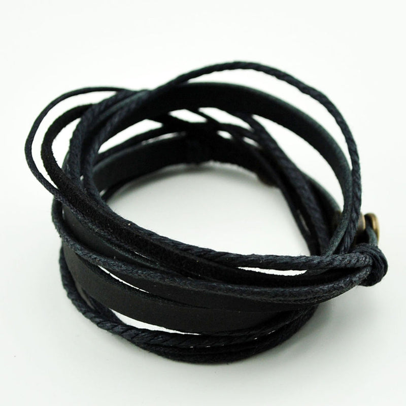 [Australia] - FRD.2Y Genuine Leather Bracelet for Women & Men,Unisex Multilayer Leather Adjustable Bracelet Cuff Wrap Multicolor Rope Wristband Black 