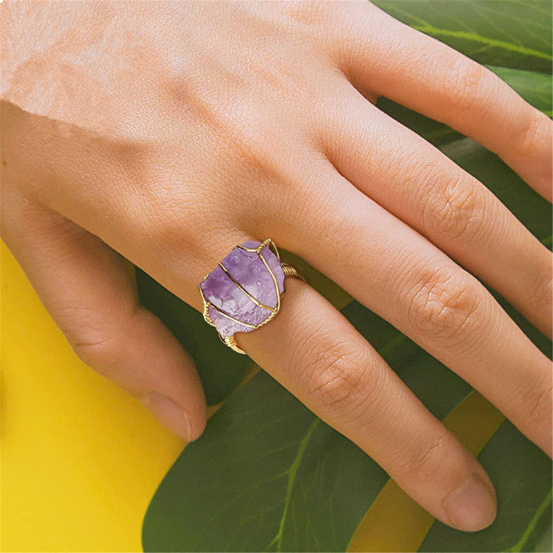 [Australia] - Colorful Personality Chakra Wire Wraped Natural Stone Crystal Finger Ring for Women Girl Men Boy Rock Clear Quartz Gemstone Amethyst Opening Adjustable Ring Healing Jewelry Gift A purple 