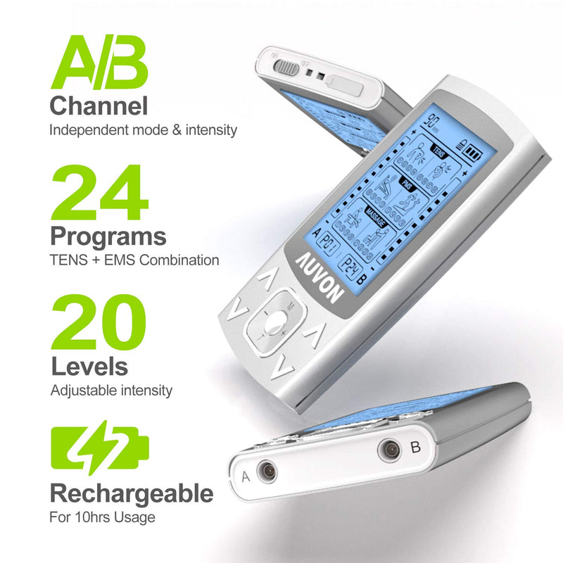 [Australia] - AUVON Dual Channel TENS EMS Unit 24 Modes Muscle Stimulator for Pain Relief, Rechargeable TENS Machine Massager with 12 Pads, ABS Pads Holder, USB Cable and Dust-Proof Storage Bag 