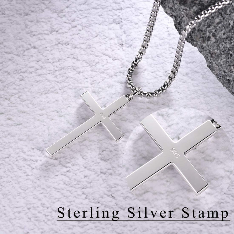 [Australia] - FANCIME Yellow/White Gold Plated 925 Solid Sterling Silver Polished Big Beveled Edge Men's Crucifix Cross Pendant Long Necklace Fine Jewelry For Men Boys, Strong Stainless Steel Box Chain Length 22" Silver Beveled Edge 