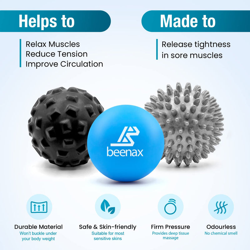 [Australia] - Beenax Massage Ball (Set of 3) - Perfect for Deep Tissue, Muscle Recovery, Trigger Point, Myofascial Release, Plantar Fasciitis and Muscle Relief - Designed to Relieve Stress and Relax Tight Muscles Blue 