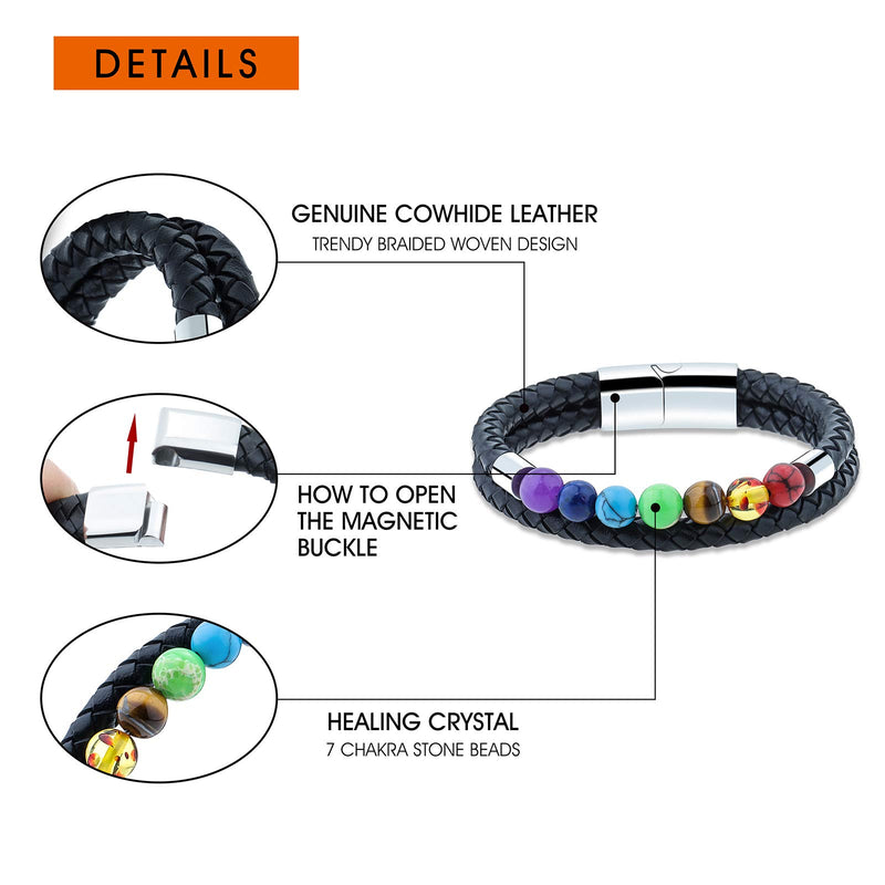 [Australia] - QGoliver Leather Beads Bracelet Men Women Natural Stone Bead Steel and 7 Chakra Genuine Leather Bracelet with Magnetic Clasp for Men Style 1, 7 Chakra Stone 