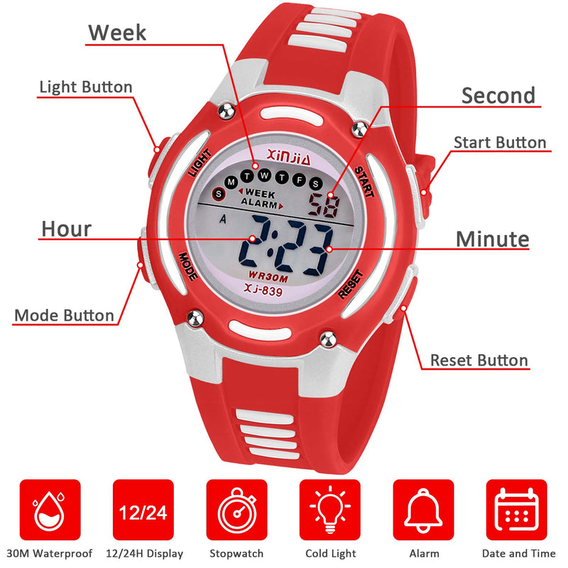 [Australia] - Kids Digital Watch for Girls Boys,Children Watches Waterproof Multi-Functional WristWatches with Alarm/Stopwatch Red 