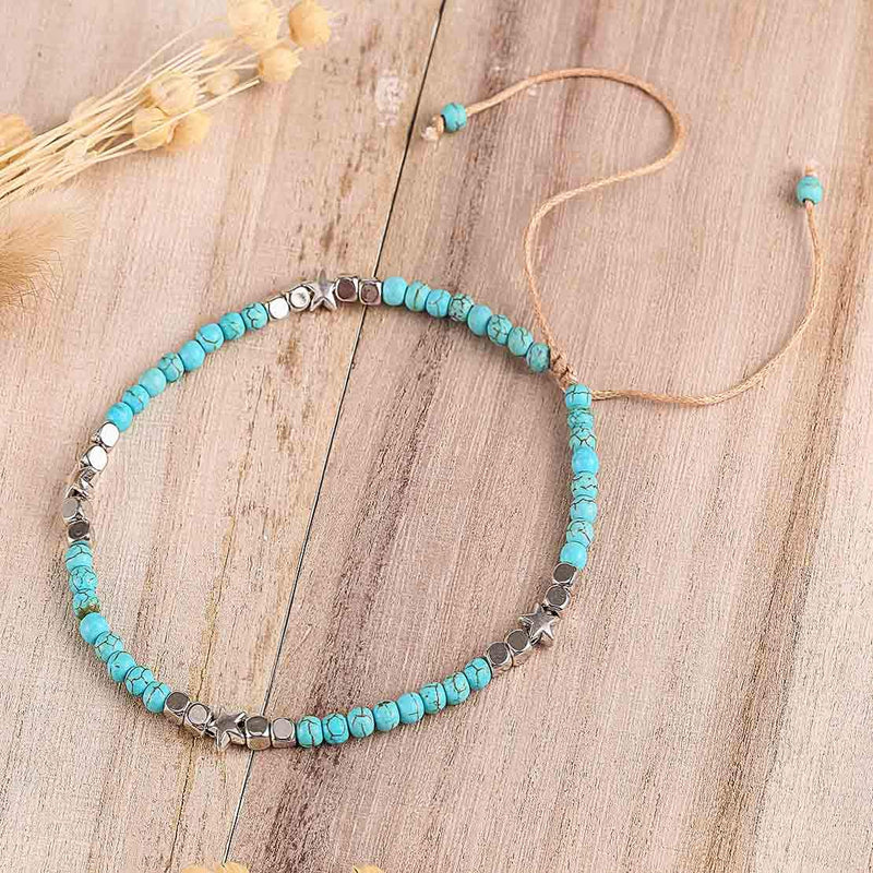 [Australia] - Fangsen Bohemian Wax Rope Turquoise Star Beaded Anklet Jewelry Anklet Chain Foot for Women and Girls Brown 