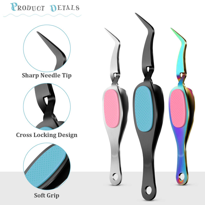 [Australia] - 3 Pieces Craft Tweezers Stainless Steel Tweezers Soft-Grip Precision Tweezers Crossing Lock Curved Tweezers Pointed Tip Tweezers for Eyelash Extensions Nail Salon Beading Jewelry Tool 