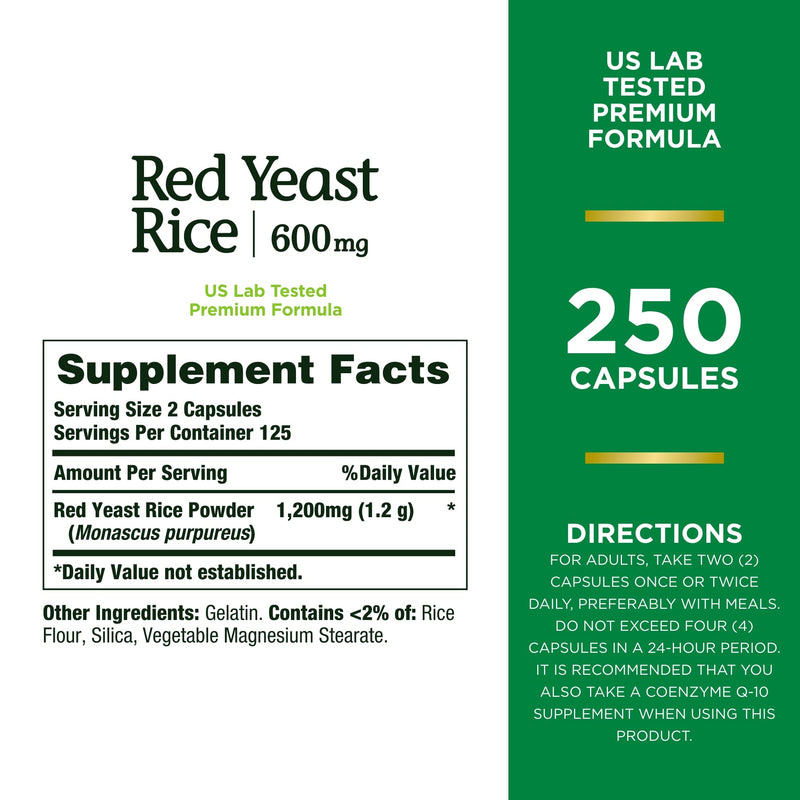 [Australia] - Nature's Bounty Red Yeast Rice Herbal Supplement, 600 mg Capsules 250 Count 