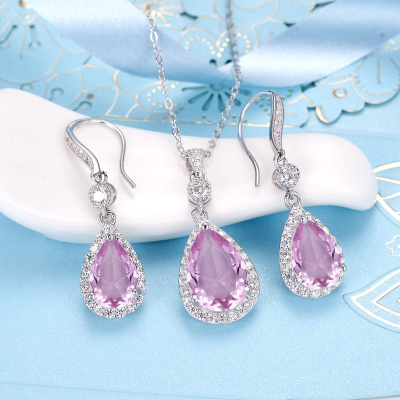 [Australia] - EleQueen 925 Sterling Silver Full Cubic Zirconia Teardrop Bridal Pendant Necklace Hook Dangle Earrings Sets Pink 