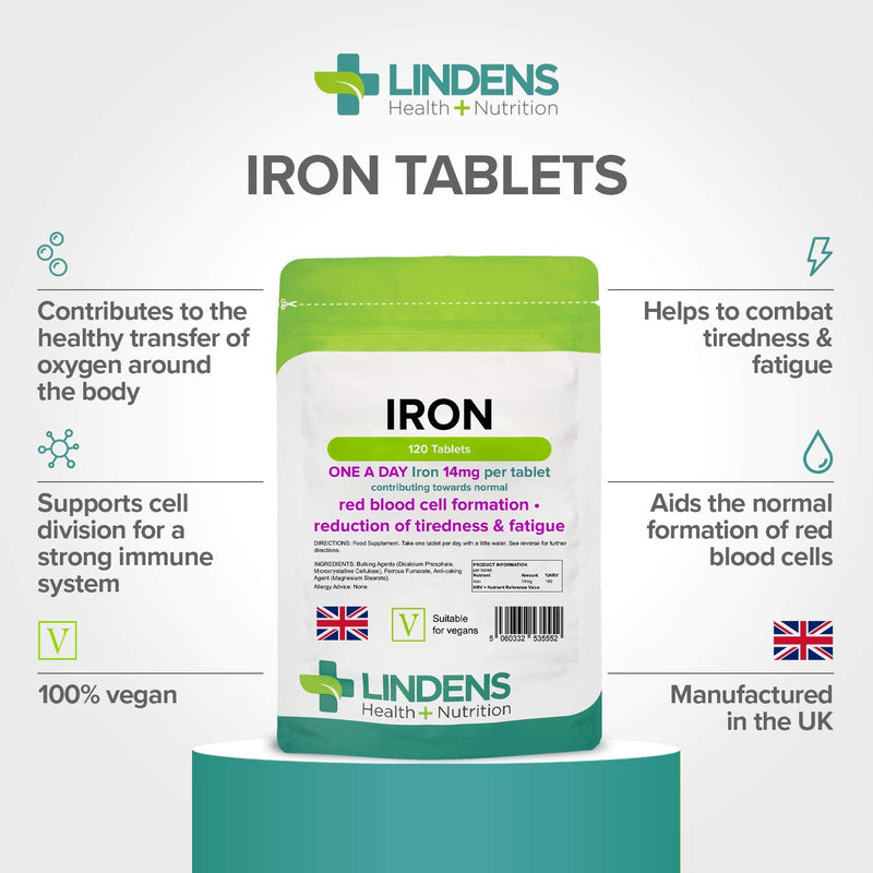 [Australia] - Lindens Iron 14mg - 120 Vegan Tablets - Reduce Tiredness, Increase Energy | Creates Healthy Red Blood Cells | Normal Oxygen Transportation | (4 Months Supply) | UK Manufacturer, Letterbox Friendly 