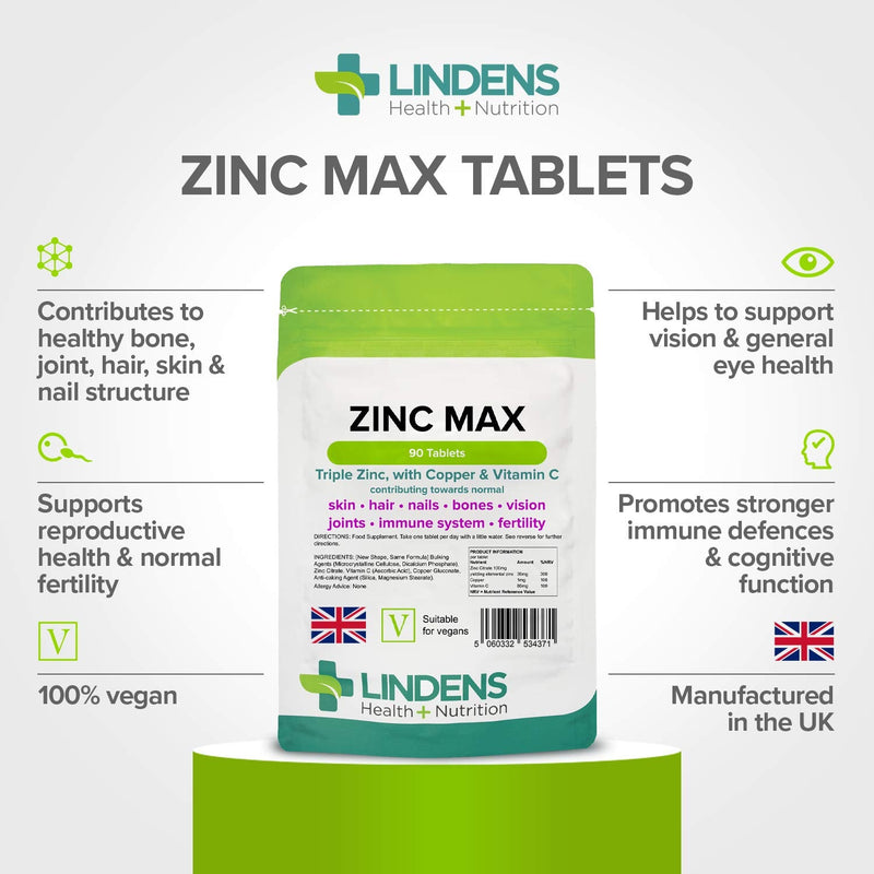[Australia] - Lindens Zinc Max Tablets - 90 Pack - Provides 300% Nrv Dose and Fortified with Vitamin C & Copper to Contribute Towards Healthy Hair, Skin, Nails, Vision & Hormone Balance - UK Manufacturer, Letterbox Friendly 