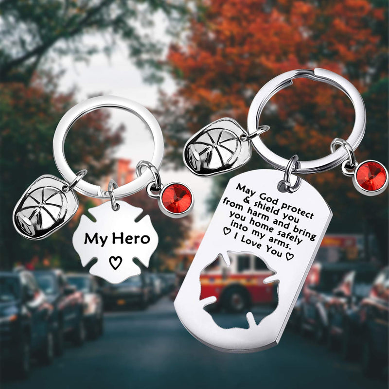 [Australia] - FUSTMW Firefighter Gift Keychain Necklace Matching Set Fireman Jewelry Gift for Firefighter Wife, Girlfriend, Mom, Daughter May God Protect You from Harm Firefighter keychain set 