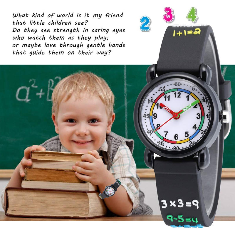 [Australia] - Jewtme Cute Toddler Children Kids Watches Ages 3-8 Analog Time Teacher 3D Silicone Band Cartoon Watch for Little Girls Boys Arithmetic-Black 