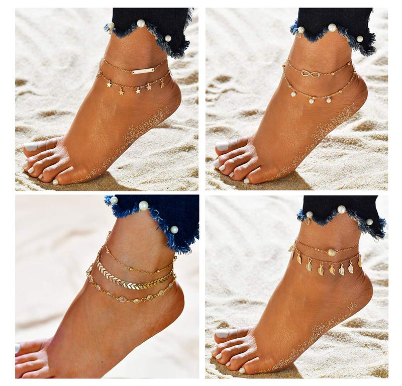 [Australia] - FUNEIA 12Pcs Anklets for Women Silver Gold Ankle Bracelets Set Boho Layered Beach Adjustable Chain Anklet Foot Jewelry A:12Pcs Gold 