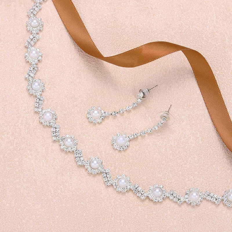 [Australia] - Aukmla Bride Wedding Pearl Necklace Earrings Set Silver Crystal Necklaces Jewelry Accessories for Women and Girls (Set of 3) 