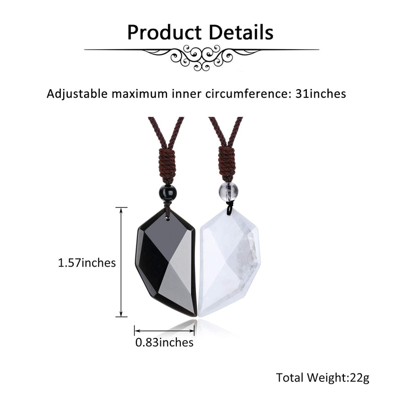 [Australia] - Jovivi 2pcs Healing Gemstone Matching Heart Couples Necklace for Him/Her White Turquoise Black Obsidian Crystal Stone Pendant Necklace Adjustable Rope for Men Women Valentines Gifts Black Obsidian & Clear Quartz 