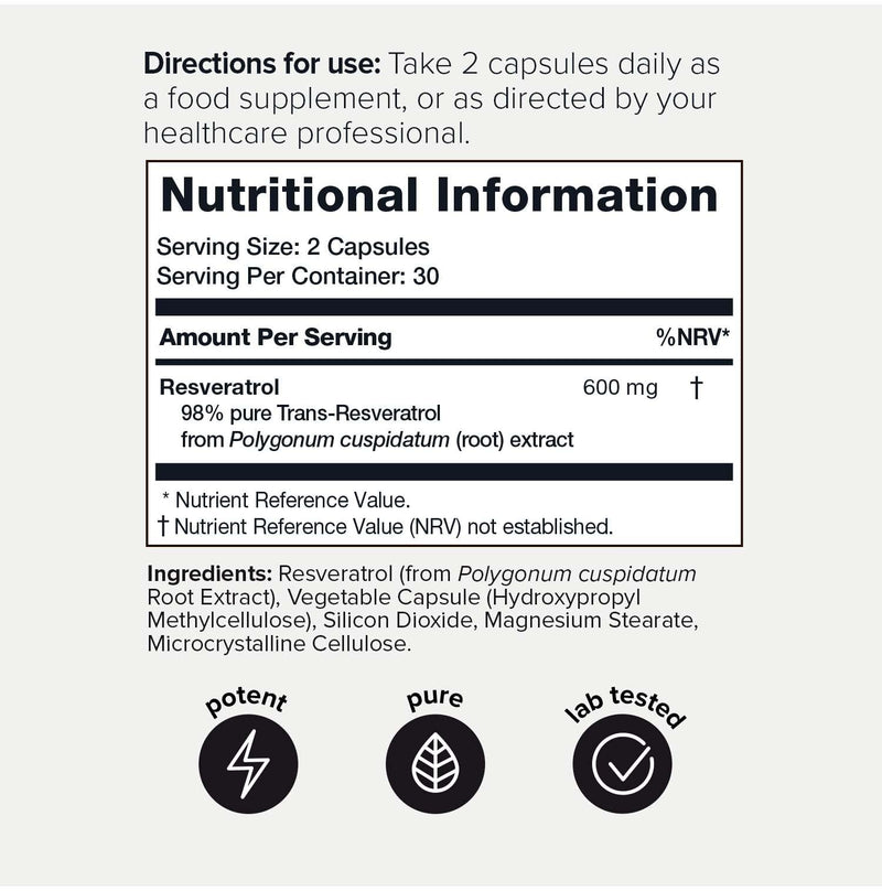 [Australia] - Ultra High Purity Resveratrol Capsules - 98% Trans-Resveratrol - Highly Purified and Highly Bioavailable - 60 Caps Reservatrol Supplement 