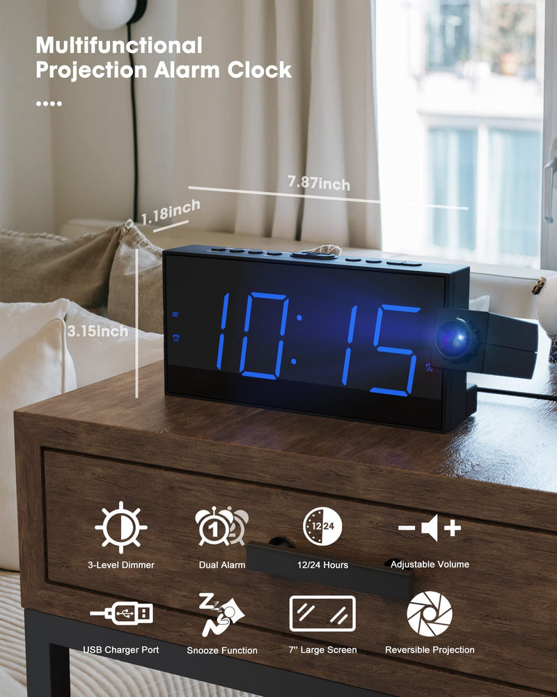 [Australia] - Projection Alarm Clock for Bedroom,LED Digital Clock Projection on Ceiling Wall with USB Phone Charging,Battery Backup,180°Projector& Dimmer,12/24H,DST,Snooze,Dual Loud Bedside Clock for Heavy Sleeper Black 