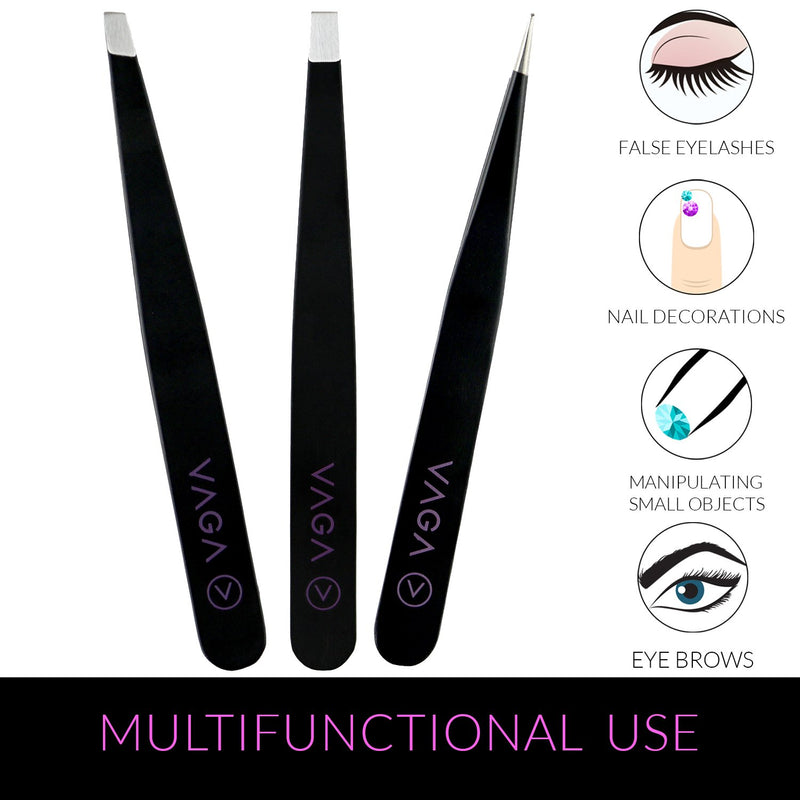 [Australia] - VAGA Set of 3pcs Precise Tweezers, Made of Stainelss Steel, Slant, Sharp and Straight, Black Color in Protective PU Bag for Eyebrows, Ingrown Hair Plucking, Splinters Removal and Crafting 