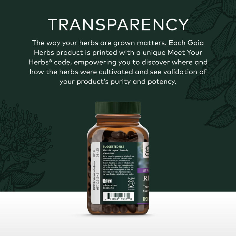 [Australia] - Gaia Herbs Rhodiola Rosea - Stress Support Supplement Traditionally for Supporting Healthy Stamina and Endurance - With Siberian Rhodiola Root Extract - 120 Vegan Liquid Phyto-Capsules (60-Day Supply) 120 Count (Pack of 1) Standard Packaging 
