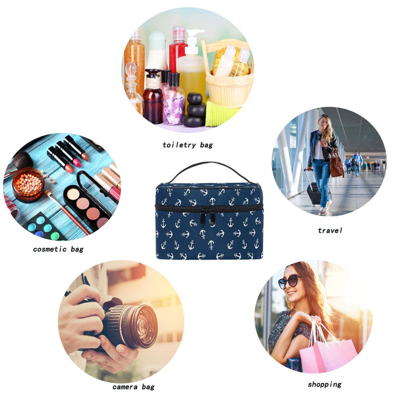 [Australia] - Nautical Anchor Makeup Bag Cosmetic Bag Toiletry Travel Brush Bag Train Case for Women marine symbol Navy Background Zip Carrying Portable Multifunctional Organizer Storage Pouch Bags Box 
