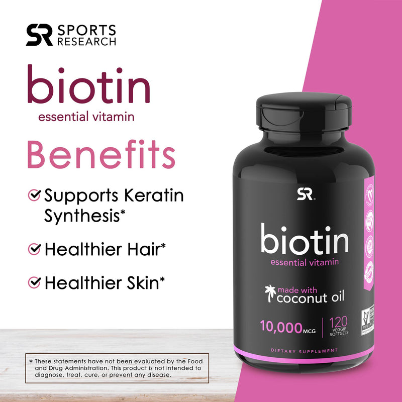 [Australia] - Sports Research Extra Strength Vegan Biotin (Vitamin B) Supplement with Organic Coconut Oil - Supports Keratin for Healthier Hair & Skin - Great for Women & Men - 10,000mcg, 120 Veggie Softgel Capsule 120 Count (Pack of 1) 10,000 mcg 