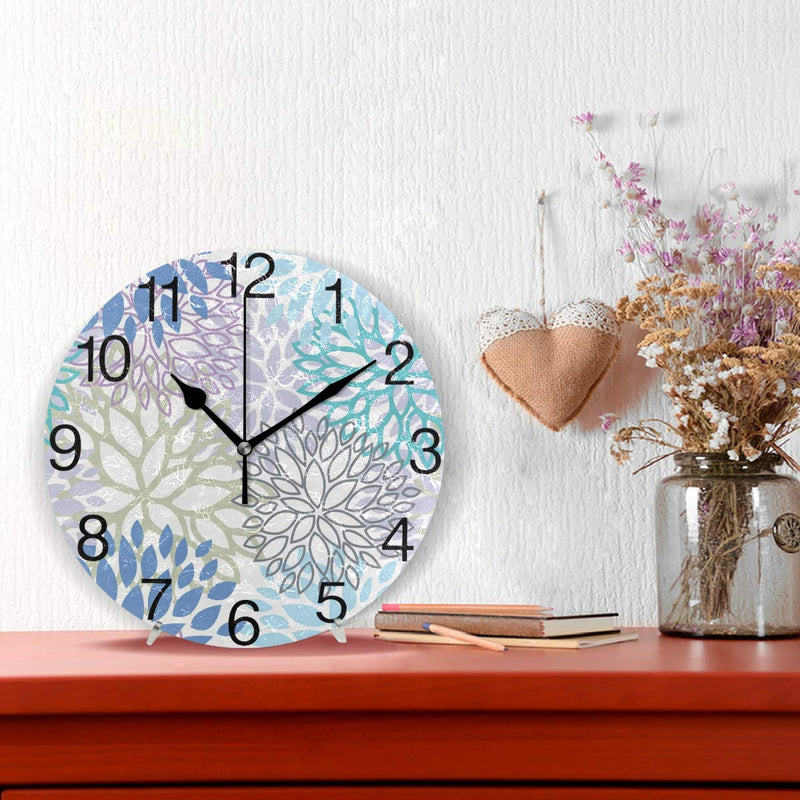 [Australia] - White Dahlia Round Wall Clock, Silent Non Ticking Oil Painting Decorative for Home Office School Clock Art, Blue Grey And Purple 