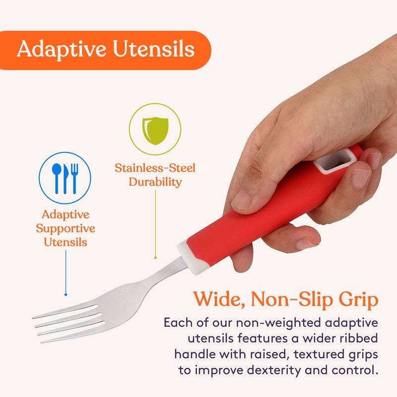 [Australia] - Special Supplies Adaptive Utensils 5-Piece Set Non-Weighted, Non-Slip Handles for Hand Tremors, Arthritis, Parkinson’s or Elderly Use - Stainless Steel Knife, Rocker Knife, Fork, Spoons - Red 