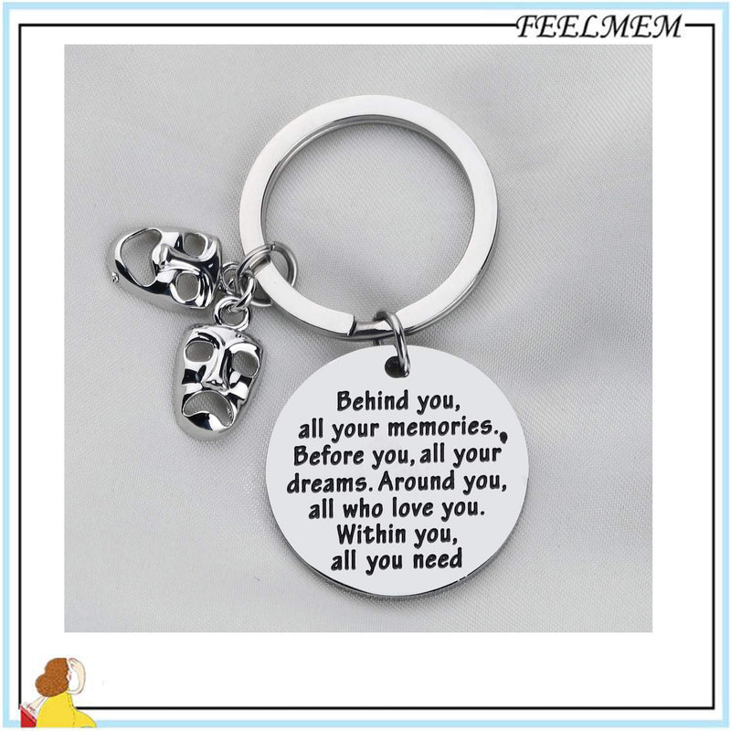 [Australia] - FEELMEM Theatre Drama Gift Drama Student Graduation Gift Keychain Behind You All Memories Before You All Your Dream Inspirational Theatre Jewelry for Her Him Actor Performer Theatre Drama keychain 