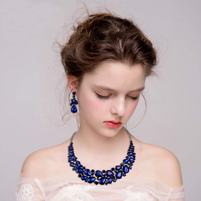 [Australia] - BriLove Women's Wedding Bridal Austrian Crystal Multi Teardrop Cluster Statement Necklace Dangle Earrings Set Navy Blue Black-Tone 