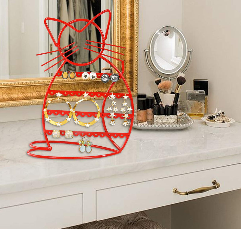 [Australia] - LilGift ARAD Cat-Shaped Earring Holder, Jewelry Rack, Display Organizer for Piercings-Red Finish 
