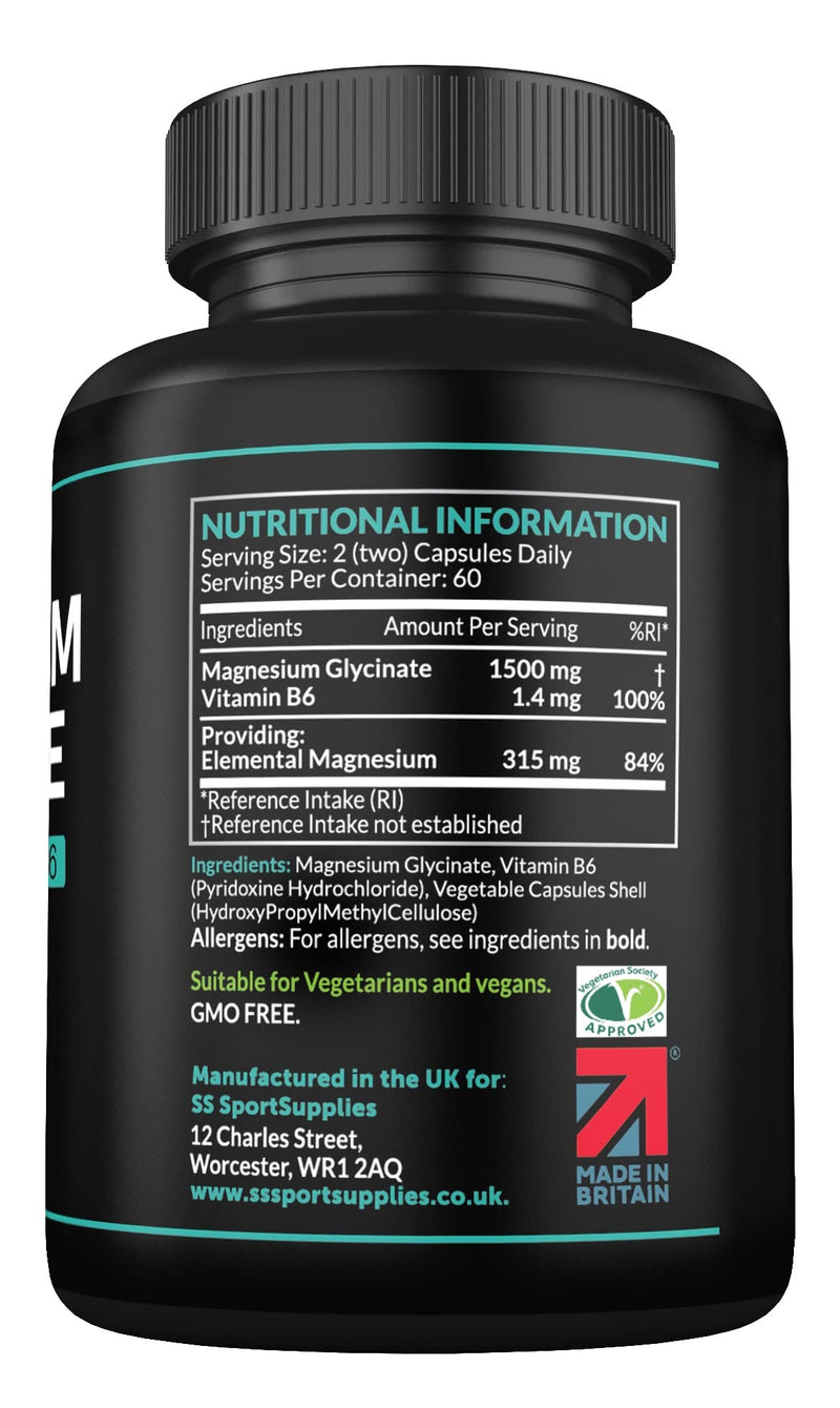 [Australia] - Magnesium Glycinate Supplements 1500mg & Vitamin B6 - 120 High Strength Capsules - 1500mg of Magnesium Providing 315mg Elemental Magnesium (Bisglycinate) - Pure Active Ingredient 