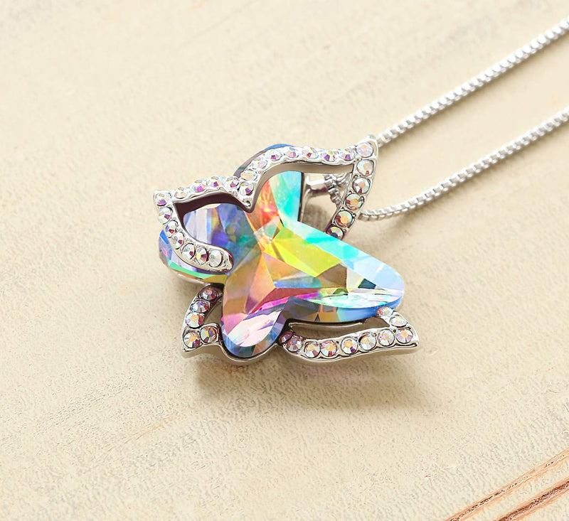 [Australia] - GEMMANCE Butterfly Crystal Necklace with Premium Birthstone, Silver-Tone, 18”+2” Chain April Birthstone - Rainbow Opal White Crystal 