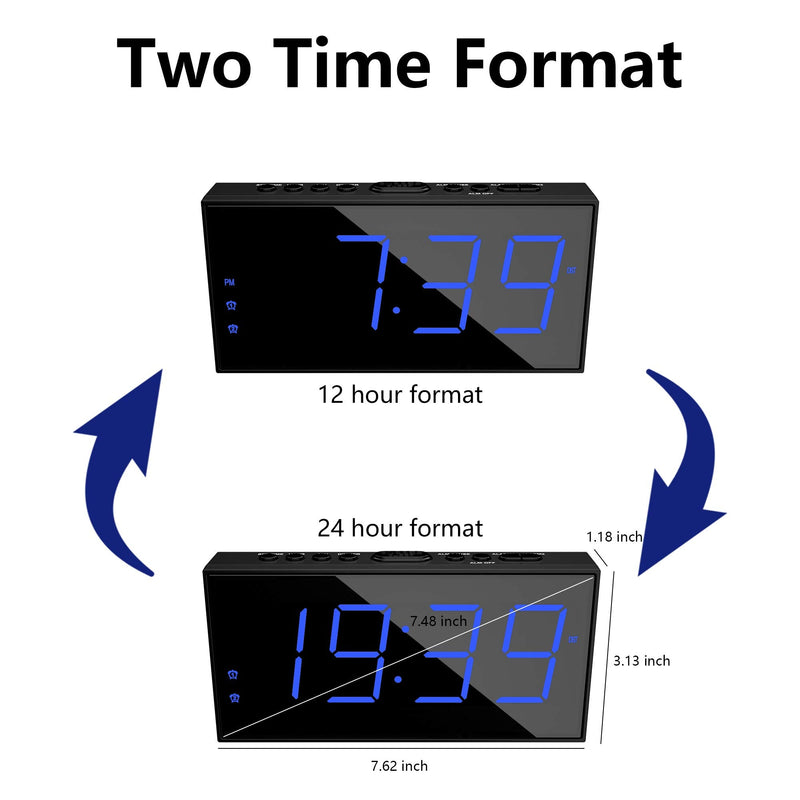 [Australia] - Digital Dual Alarm Clock for Bedroom, Large Display Bedside Clock with Battery Backup, USB Phone Charger, Volume, Dimmer, Easy to Set Loud LED Clock for Heavy Sleepers Kid Senior Teen Boy Girl Kitchen Blue Digits 