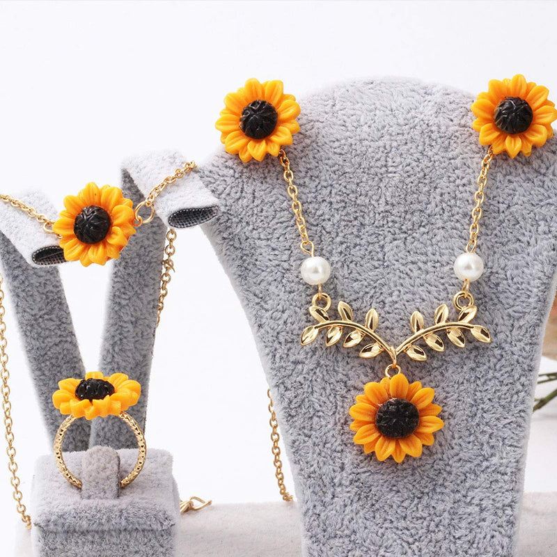 [Australia] - Set of 5 Sunflower Faux Pearl Leaf Chain Resin Boho Petal Pendant Necklace with Sunflower Bracelet Earrings Ring for Women Jewelry Accessories (Gold) Gold 