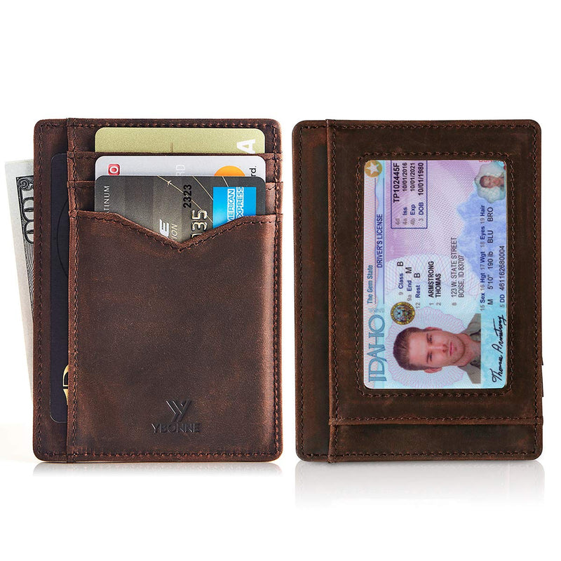 [Australia] - YBONNE Minimalist Front Pocket Wallet for Men and Women, RFID Blocking Thin Card Holder, Made of Finest Genuine Leather Crazy Horse Brown 1 