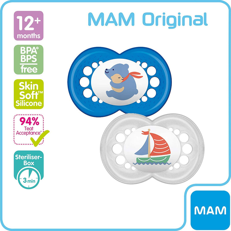 [Australia] - MAM Original Soothers 12+ Months (Pack of 2), Baby Soothers with Self Sterilising Travel Case, Newborn Essentials, Blue (Designs May Vary) 
