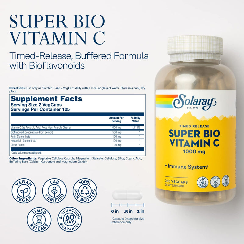 [Australia] - Solaray Super Bio Vitamin C 1000mg, Buffered, Time Release Capsules with Bioflavonoids, Two-Stage for High Absorption & All Day Immune Support, Vegan, 60 Day Guarantee, 125 Servings, 250 VegCaps 250 Count (Pack of 1) 
