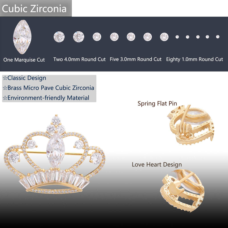 [Australia] - YYBONNIE Princess Queen Crown Brass Micro Pave Cubic Zirconia Brooch Pin Jewelry for Women Bridal Wedding Gifts Gold 