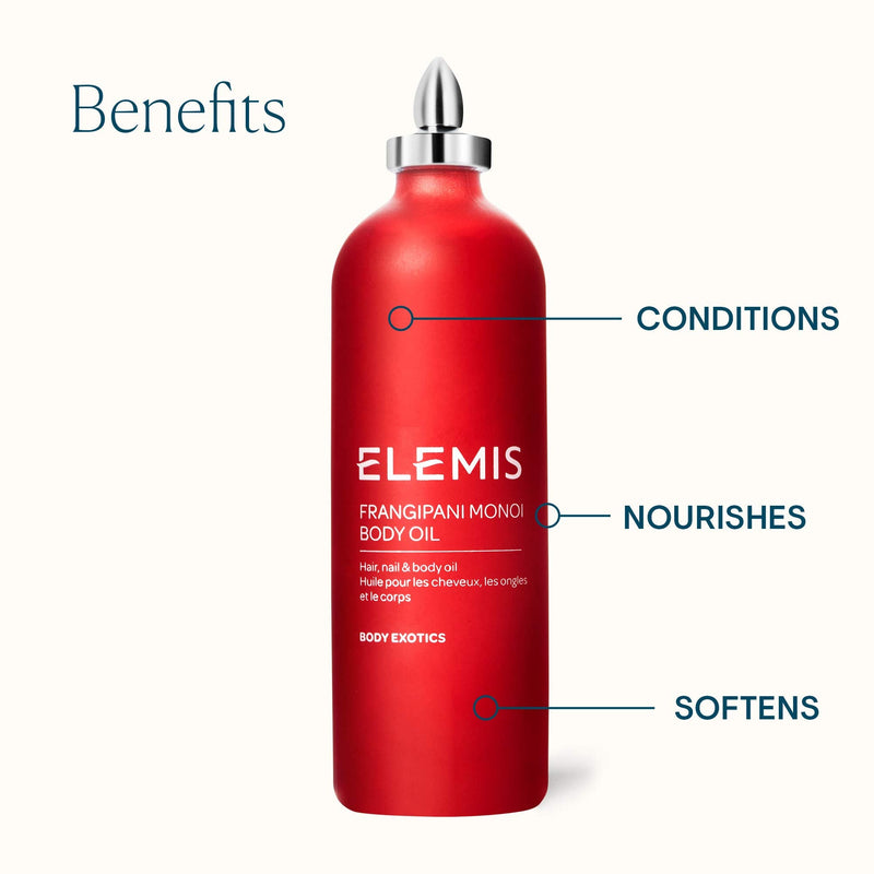 [Australia] - ELEMIS Frangipani Monoi Body Oil | Luxurious, Ultra-Hydrating Body Oil Deeply Nourishes, Conditions, and Softens Hair, Skin, and Nails | 100 mL 3.3 Fl Oz (Pack of 1) 
