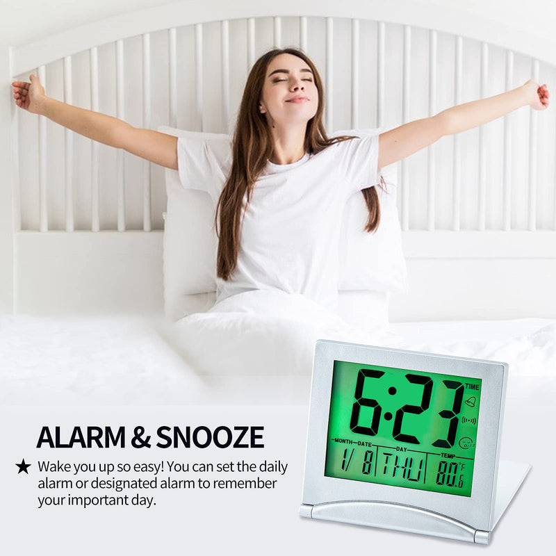 [Australia] - KANBIT Small Digital Travel Alarm Clock Battery Operated, Portable LCD Large Display Alarm Clock with Backlight, Temperature Desk Clock -Silver(Green Light) 