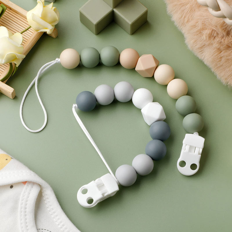 [Australia] - TYRY.HU Dummy Clips Boys Girls Chain Silicone Holder Set for Baby Unisex Newborn Dummies(Green White) A-Green White 