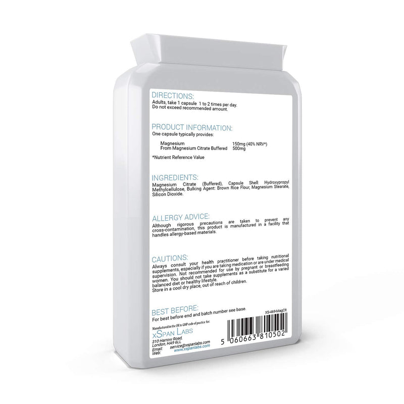 [Australia] - Magnesium Citrate 500mg 120 Capsules - Providing 150mg of Active Elemental Magnesium - High Potency - Easily Absorbable - Highly Bioavailable - UK Manufactured 