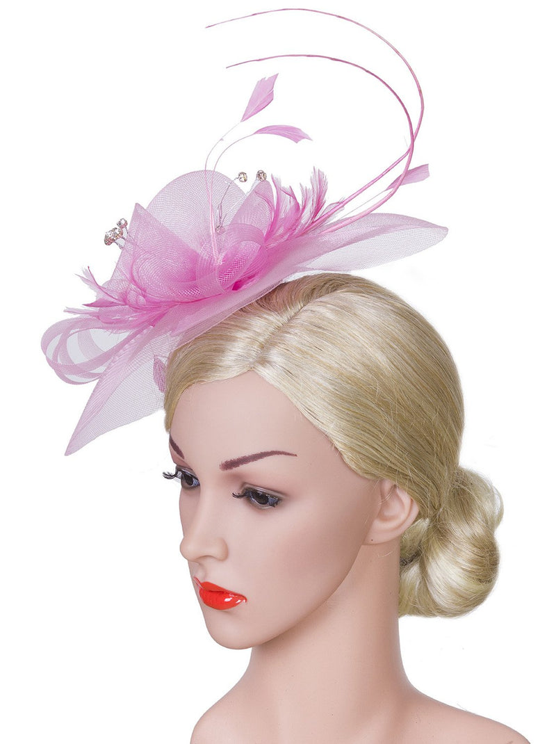 [Australia] - VIJIV Women Vintage Derby Fascinator Hat Pillbox Headband Feather Cocktail Tea Party One Size Pink 