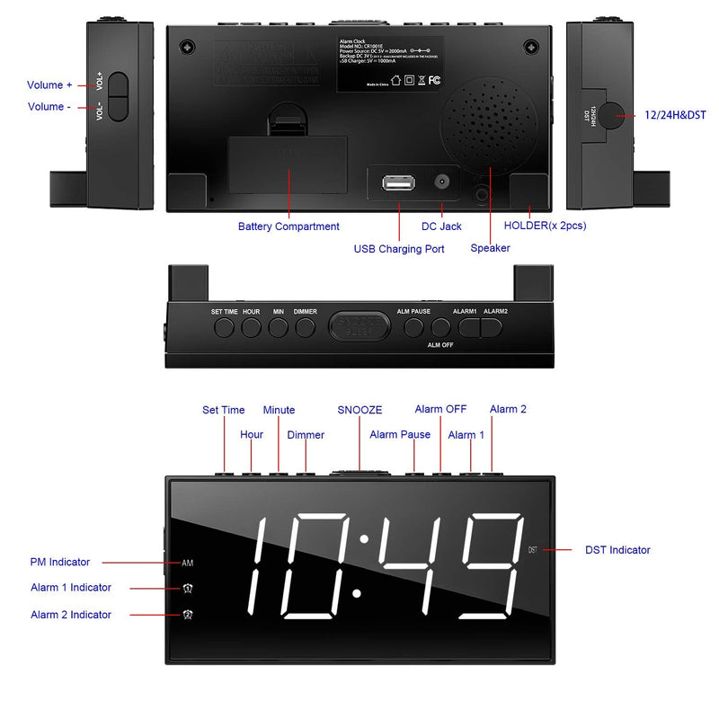 [Australia] - Alarm Clock for Bedroom, 2 Alarms Loud LED Big Display Clock with USB Charging Port, Adjustable Volume, Dimmable, Snooze, Plug in Simple Basic Digital Clock for Deep Sleepers Kids Elderly Home Office White Digits 