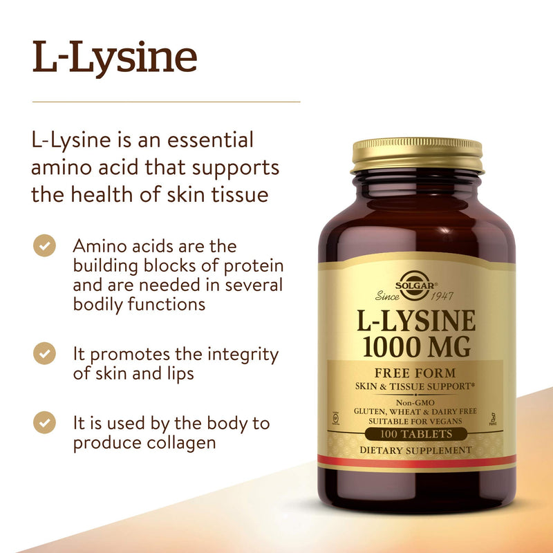 [Australia] - Solgar L-Lysine 1000 mg, 100 Tablets - Enhanced Absorption and Assimilation - Promotes Integrity of Skin and Lips - Collagen Support - Amino Acids - Non GMO, Vegan, Gluten Free - 100 Servings 100 Count (Pack of 1) 
