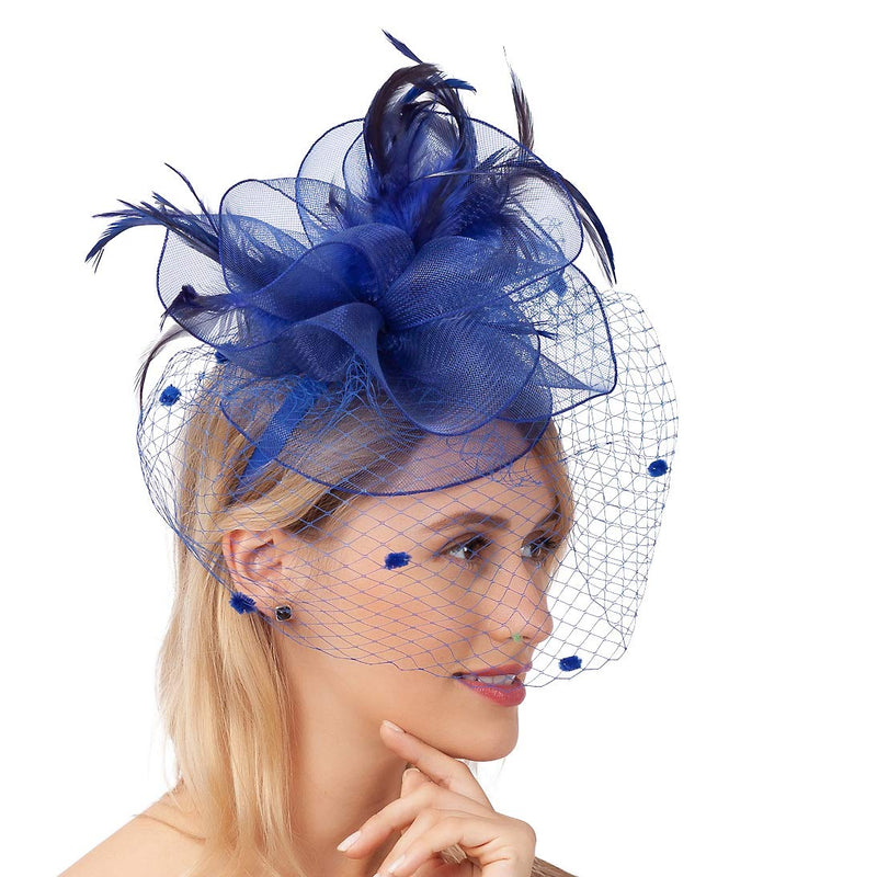 [Australia] - Fascinator Hats Mesh Feather Tea Party Kentucky Derby Hat Cocktail Wedding Headwear for Girls Women #1 Royal Blue 