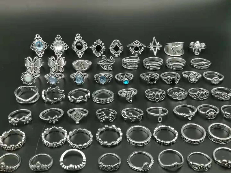 [Australia] - 80Pcs Vintage Knuckle Rings Set,Silver Rings for Women Teen Girls,Stackable Midi Finger Rings,Bohemian Punk Snake Butterfly Elephant Rings Fashion Rings Pack Jewelry 