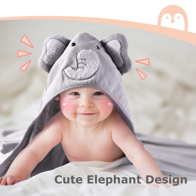 [Australia] - Hooded Baby Towel Set, Momcozy 8-Piece Baby Bath Towel Set, 2Pcs Baby Towel and 6Pcs Baby Wash Cloth, Soft and Super Absorbent Baby Washcloths for Toddlers, Baby Shower Set Cute Elephant Grey 